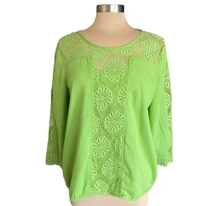 Vintage America Green Popover Top Sheer Lace Yoke & Trim Cotton All Season Basic - Picture 1 of 10