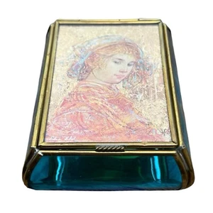 ENESCO Vintage Glass & Brass Trinket Box 5”x 3 3/4”x 2” Art by Edna Hibel - Picture 1 of 10