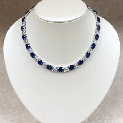 Collar tenis mujer 30 CTW creado en laboratorio ovalado zafiro azul y diamantes plata 925 Foto 1 de 4