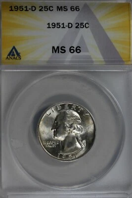 1951-D  .25   ANACS   MS 66  Washington Quarter, Silver 25 Cents (0.25) - Image 1 of 2