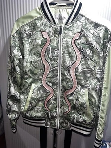 GUESS Bomber Jacket Green Snake Embroidered Size XS - Picture 1 of 3