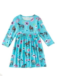 New Boutique Girls Size 4 Blue Long Sleeve Flowers Silky Soft Horse Dress - Picture 1 of 1
