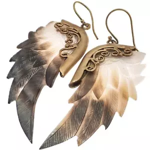 Exquisite Angel Wing Oyster Mother Of Pearl Shell Hand Carving Earrings, 2" - Picture 1 of 3