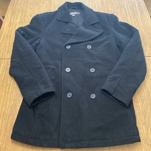 Kenneth Cole Reaction Black Double Breasted Wool Blend Peacoat Insulated - Picture 1 of 14