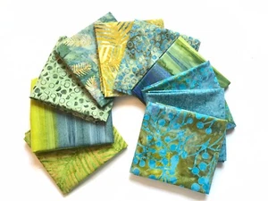 Green Batik Fabrics. Pack of 10 x Fat Quarters / Long Quarters - Picture 1 of 11