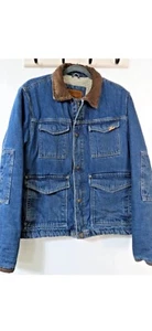 VTG Wrangler Denim Jacket Mens Medium Sherpa Fleece Lined Corduroy Collar Zip Up - Picture 1 of 15