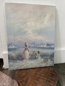 Original Oil Painting Woman And Child Victorian By Lake Pastel Signed 16 By 12" - Bild 1 von 7