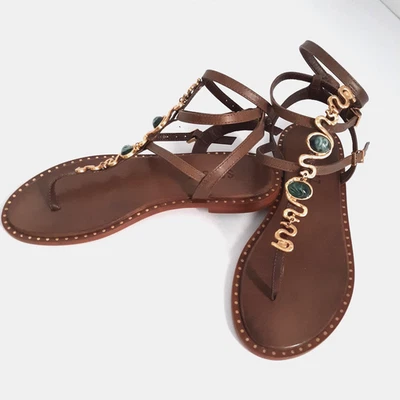 Sandalia plana Schutz de cuero Malie Gladiator dorado serpiente/piedras verdes detalle talla 6B Foto 1 de 4