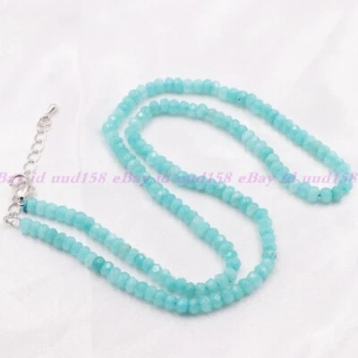 2x4mm Aquamarine Blue Faceted Roundel Gems Beads Necklace 18'' Silver Clasp AAA - Image 1 of 4