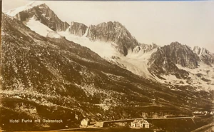 Postal suiza RPPC HOTEL FURKA Pass Furkablick Galenstock Alpes foto real sepia - Imagen 1 de 2