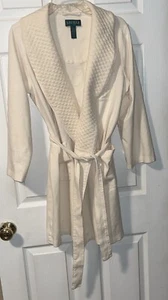 Ralph Lauren Robe LARGE Shawl Ribbed Collar Cream Mongram Cotton Knit Tie - Picture 1 of 9