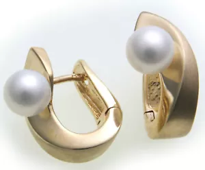 Damen Ohrringe Klapp Creolen echt Gold 585 mit Perlen 6,5 mm Gelbgold - Bild 1 von 2