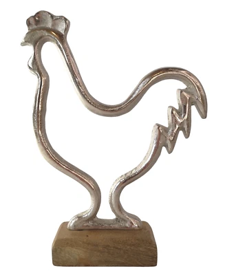 Deko Figur Metall Holz Huhn silber Hahn Gockel Henne Dekoobjekt Skulptur Statue - Bild 1 von 2