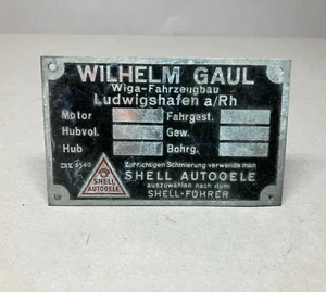 orig. Typenschild Wilhelm Gaul Ludwighafen SHELL Vorkrieg BMW DKW NSU WIGA 3748 - Bild 1 von 4