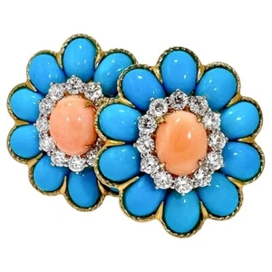Striking 18K Yellow Gold Vintage Angel Skin Coral, Turquoise, & Diamond Earrings - Picture 1 of 8