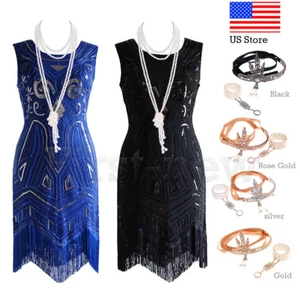 1920s Flapper Dress Vintage Great Gatsby Party Dresses Beaded Fringe 20s Costume - Picture 1 of 26