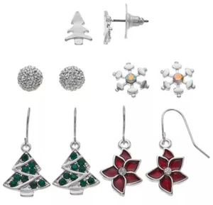 5pc Christmas Earrings Poinsettia Snowflake Star Xmas Tree Snowman Ear Rings Set - Picture 1 of 4