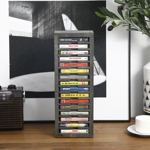 16-Slot Gray Solid Wood Freestanding Retro Cassette Tape Storage Rack Tower - Picture 1 of 7