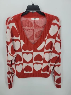 Madden NYC Sweater Womens XXXL Red White Hearts Boho Pullover Deep V Neck - Image 1 of 4