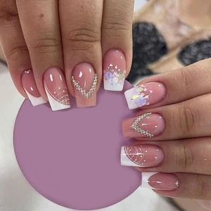 24pcs Manicure Crystal Fake Nials DIY False Nails Long Square French Glitter - Picture 1 of 6