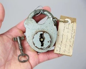 Antique Wrought Iron Padlock W/ key vintage lock history tag jail shackle chest - Picture 1 of 8