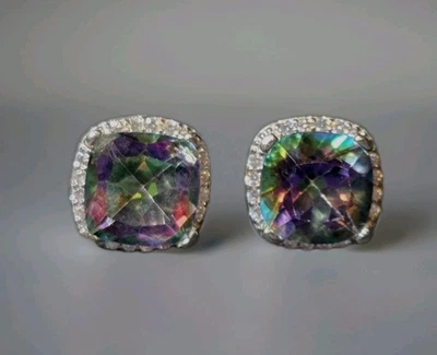 Pendientes postes de plata de ley 925 con topacio místico cojín natural 2016 Foto 1 de 4