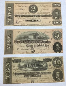 Lot of 6 Confederate States of America Notes 2,5,10,20,50,100 (See Photos) - Picture 1 of 4
