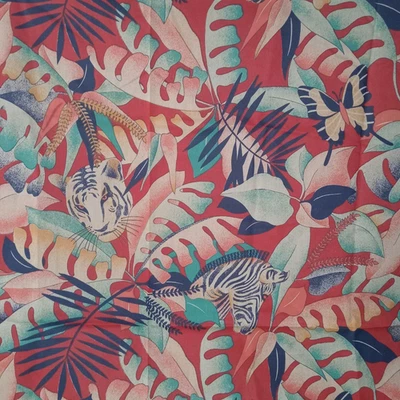 Vintage Cranston Jungle-Theme Fabric Tiger Zebra; Brick-Red, Navy, Teal 44x58 - Image 1 of 4