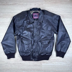 Burks Bay Jacket Mens Large Black Leather Full Zip Bomber Biker Map Lining - Picture 1 of 11