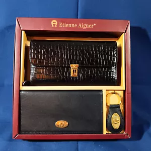 ETIENNE AIGNER LADIES BLACK WALLET - CHECK BOOK - KEY FOB GIFT SET - NEW IN BOX - Picture 1 of 8