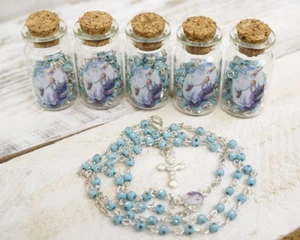 12 PC Blue Glass Bottle Rosary Baptism Favors Boy Recuerdos Bautizo Rosario - Picture 1 of 3