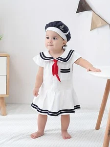 Summer girl navy triangle jumpsuit short sleeved baby jumpsuit with hat - Picture 1 of 10