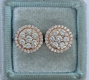 14K Rose Gold Plated 2.00 Ct Round Moissanite Cluster Stud Gift Earrings - Picture 1 of 5