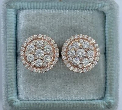 14K Rose Gold Plated 2.00 Ct Round Moissanite Cluster Stud Gift Earrings - Image 1 of 4