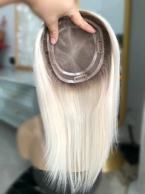 Toppers de cabelo humano virgem loiro platina enraizado 12-16" - Imagem 1 de 4