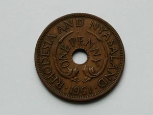 Rhodesia & Nyasaland (British) 1961 1 PENNY Coin with Elephant Coat of Arms - Picture 1 of 2