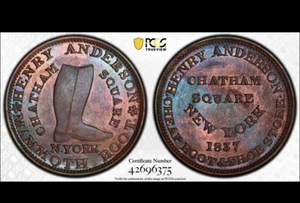 1837 HENRY ANDERSON MAMMOTH BOOT N. YORK PCGS MS62BN HT-219⭐️Remarkable Toning⭐️ - Picture 1 of 5