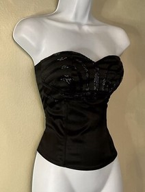 Vintage AUBADE Paris Bridal Rare Black Satin Beaded Bustier Sweetheart Neck XXS