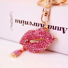 Big Pink Lips Rhinestones Keychain Women Trinket Car Bag Charm Rings Keychains
