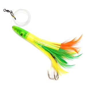 Peces ¡GUAU! Señuelo de pesca aparejado a chorro con cabeza de pluma de atún de 6" amarillo verde naranja NUEVO - Imagen 1 de 4