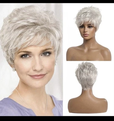 EMMOR Short Silver Grey Human Hair Wigs for Women Blend Pixie Cut Wig # 101 - Image 1 of 4