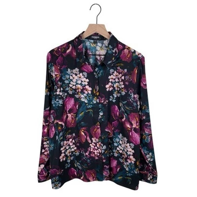 Camisa Express The Portofino Mujer Talla XL Negra Estampado Floral Blusa Abotonada Foto 1 de 4