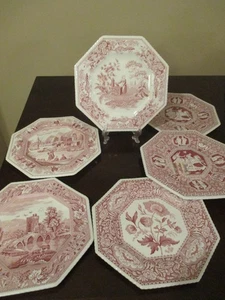 SPODE Set 6 OCTAGONAL CRANBERRY PLATES- SPODE ARCHIVE COLLECTION - Picture 1 of 12