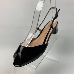 Wayderns Pumps Black Shiny Peep Almond Toe Slingback Buckle Block Heel Size 7.5 - Picture 1 of 10