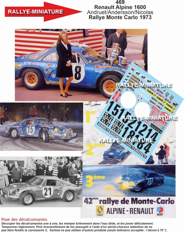DECALS 1/18 REF 0469 RENAULT ALPINE 1600  OFFICIELLE RALLYE MONTE CARLO 1973 - Photo 1/1