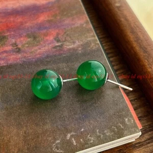 Elegant 10mm Green Jade Round Gemstone Beads 925 Silver Stud Earrings - Picture 1 of 8