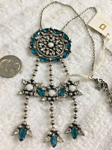 NEW DANNIJO MIAMI teal blue, clear, white silver plated Necklace 16" to 20" adj