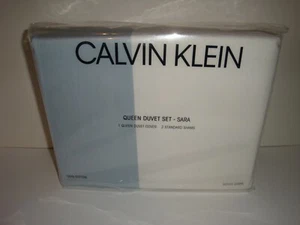 Calvin Klein Sara Queen Duvet Cover Shams Set Light Blue White Cotton - Picture 1 of 5