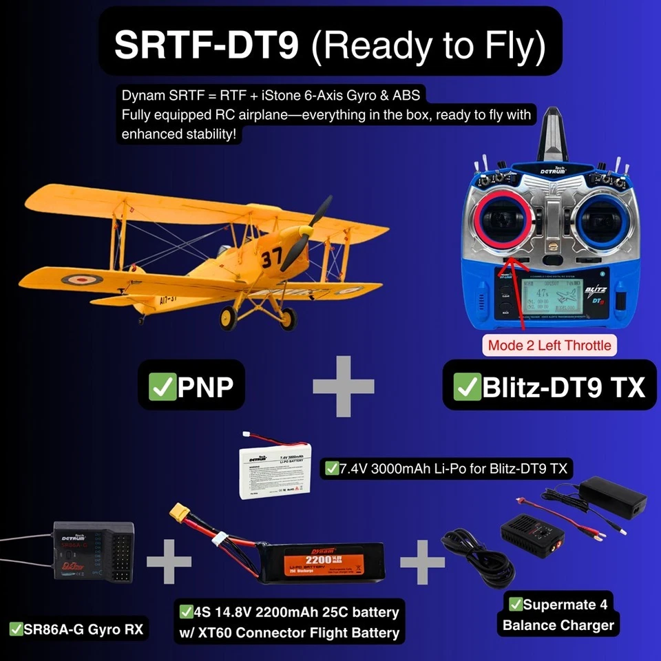 Dynam Tiger Moth DH. 82 V2 Yellow 4S RC Biplane 1.3m Wingspan - Image 1 of 4