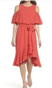 Eliza J Ruffle Cold Shoulder “Poppy” Flowy Spring Dress Red Size 6 Knee Length - Picture 1 of 10